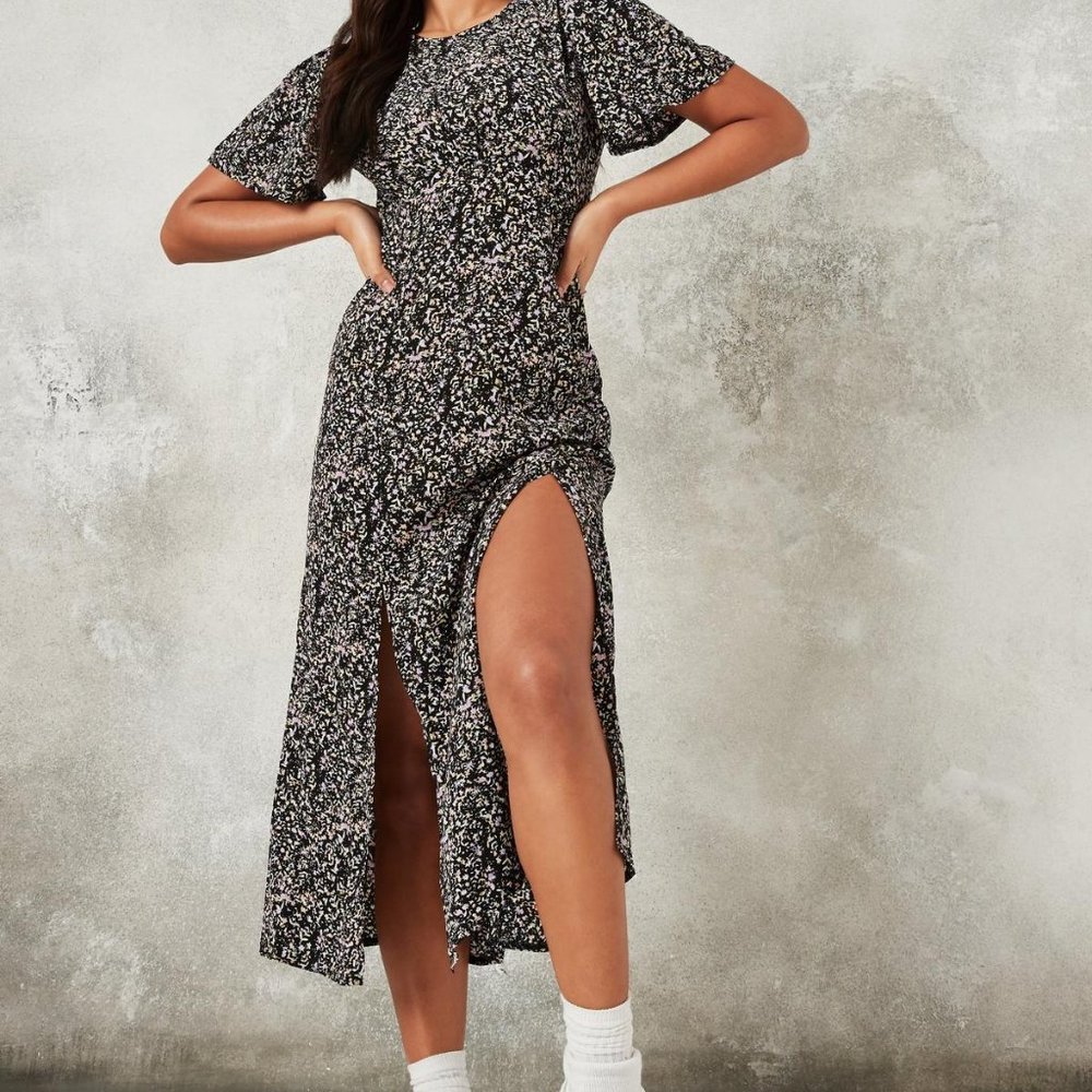 Lilac Floral Print Flutter Sleeve Midi Dress